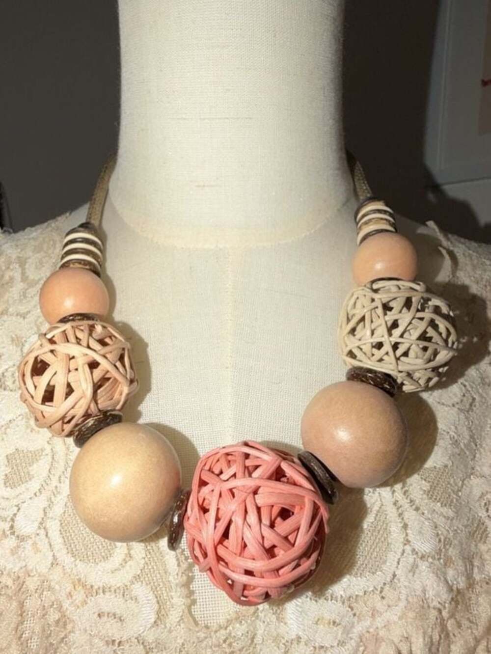 YOCHI NY Multi-Textured Statement Necklace with Woven Raffia and Wooden XL Beads